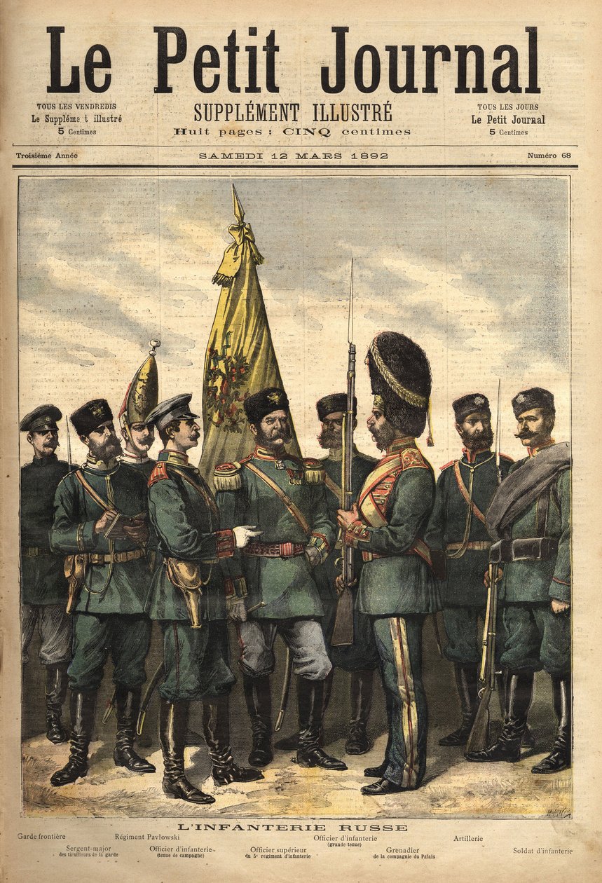 Uniforms of the Russian infantry, allied to France, from left to right: the border guard, the sergeant major of the guards, the Pavlowski regiment, the officer, the superior officer, the palace grenadier, the artillery uniform, and the soldier. Engraving by Unknown artist
