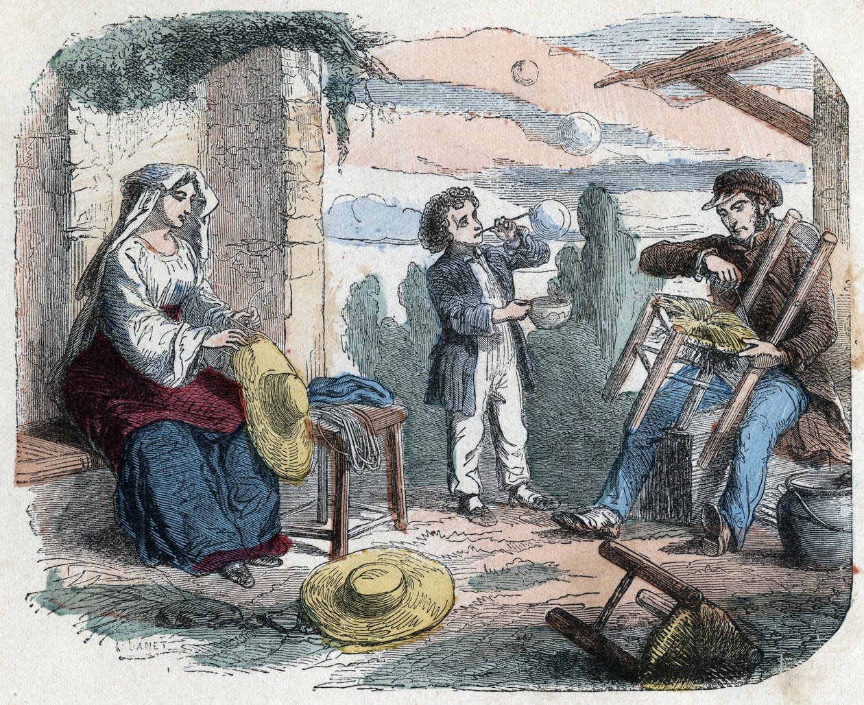 Use of straw in the 19th century: a man garnishes a chair with straw, a woman braids hats (basketry), a child makes soap bubbles with a straw. Engraving late 19th century. by Unknown artist