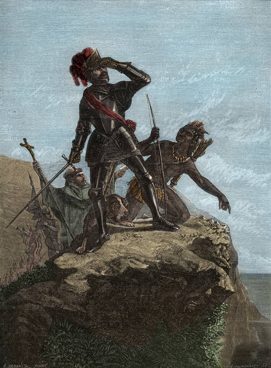 Vasco Nunez de Balboa, Spanish explorer - Balboa discovering the Pacific Ocean in 1513 (engraving after the painting by Mr Urdaneta) by Unknown artist