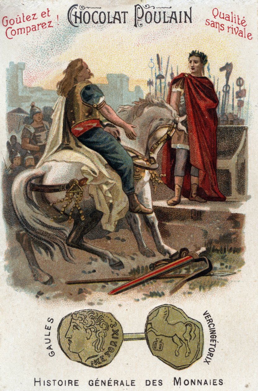 Vercingetorix (72-46 BC), leader of the Gallic rebellion, lays down arms at the feet of Caesar (100-44 BC), after definitively losing the city of Alesia - In General History of Coins - Chocolate-Foal Chromolithography of the late 19th century - Private Col by Unknown artist
