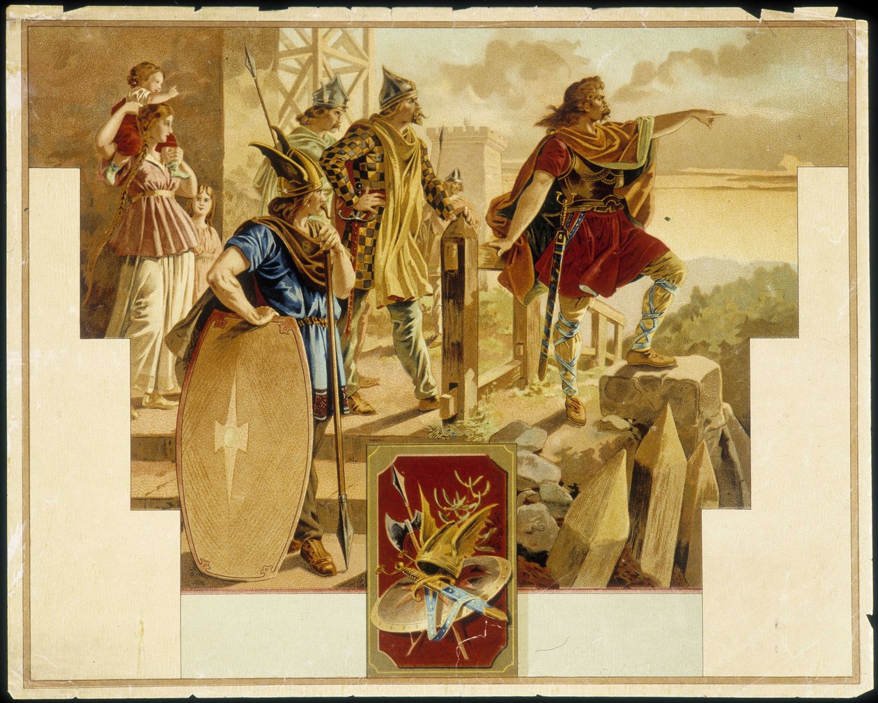 Vercingetorix surrounded by Gauls, warriors, woman and children - Chromolithography by Unknown artist