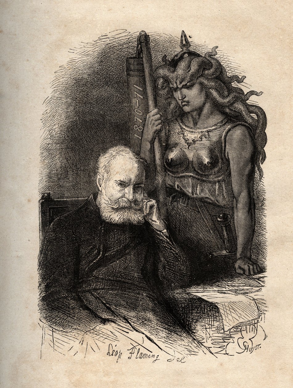 Victor Hugo seated with a goddess of war - engraving from The Terrible Year, a series of poems that deal with the Siege and the trauma of losing his son by Unknown artist