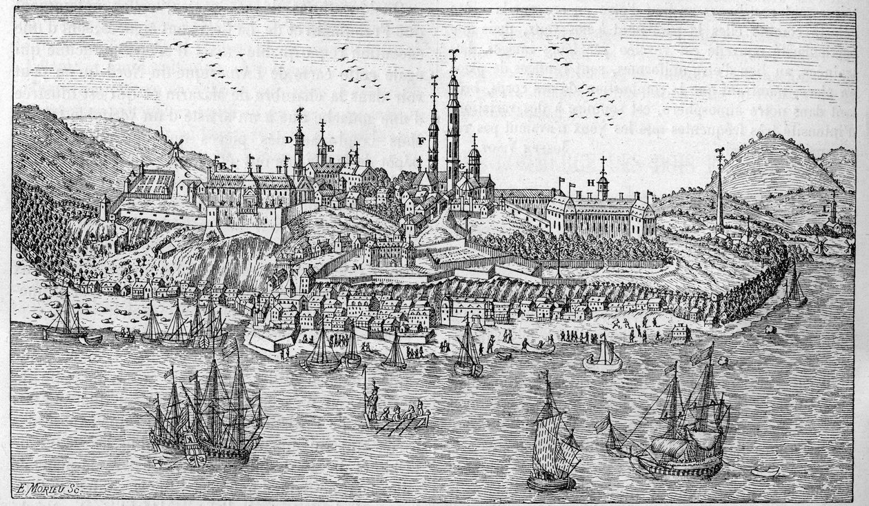 View of Quebec City in Canada (late 17th century): A. Jardin du fort. B. The fort. C. Powder store. D. Les Recollets. E. Ursulines. F. The Jesuites. G. The cathedrale. H. The seminar. I. Hotel Dieu. L. General Hospital. Mr. L