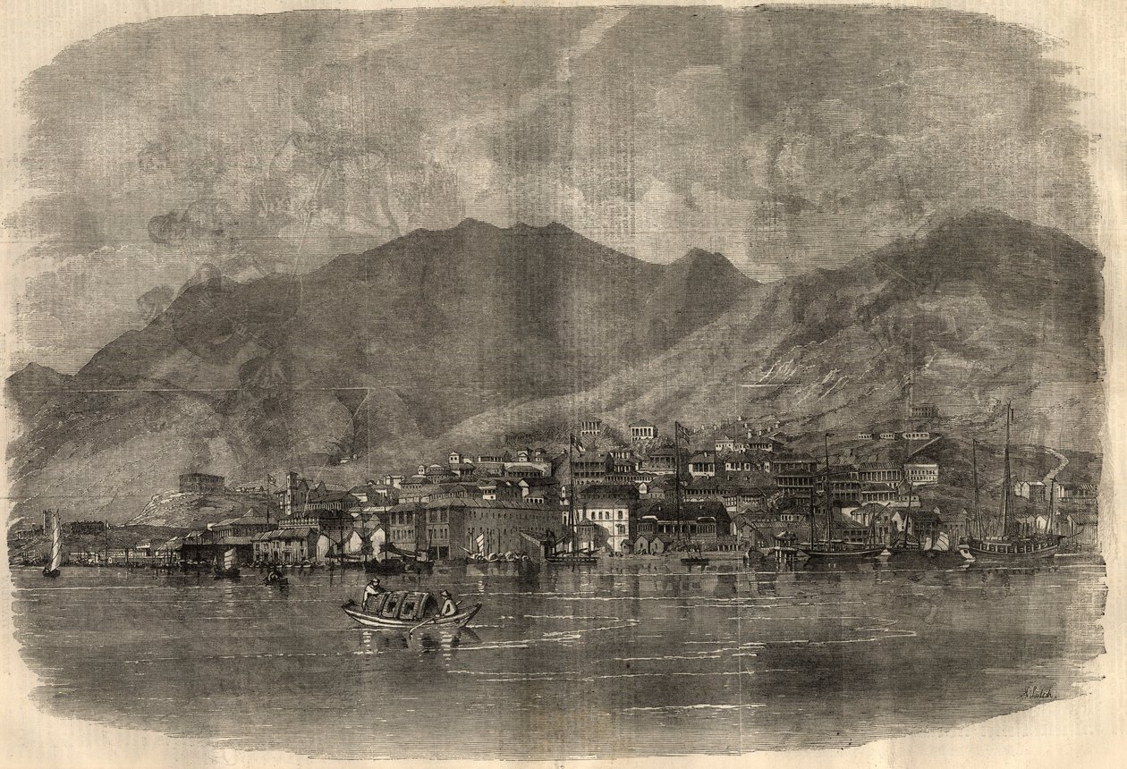 View of Victoria City in Hong Kong. Engraving in 