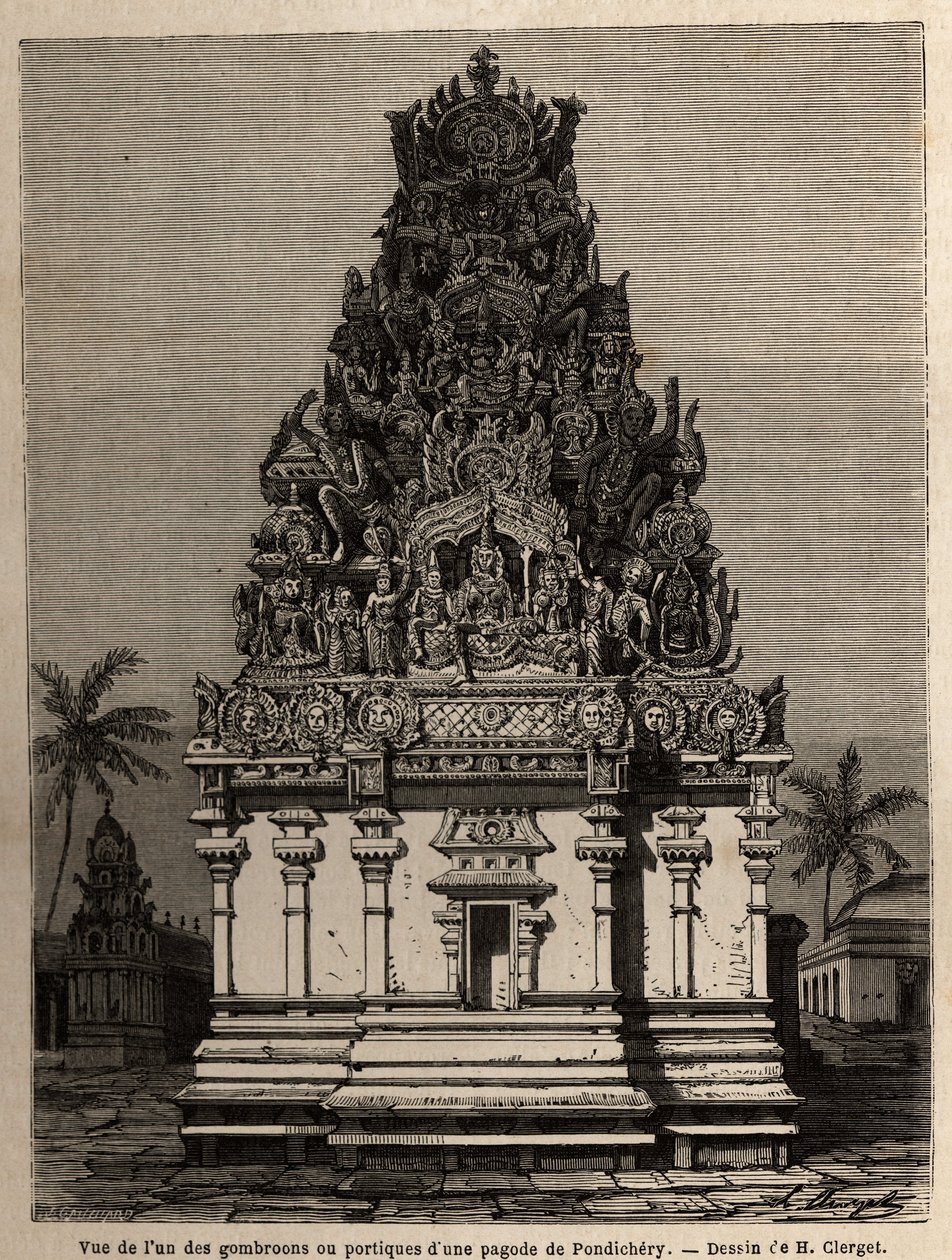 View of one of the gombrooons or porticos of a Pondichery pagoda (Pondicherry) (India). Engraving to illustrate an expedition to the pagoda of Chillambaran (Coromandel coast), from 1838 to 1844, by the counteradmiral Paris, director of the depot des cartes by Unknown artist