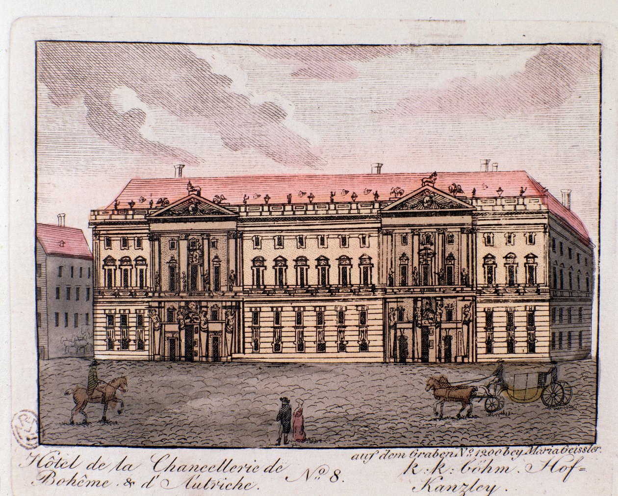 View of the Hotel of the Chancellery of Boheme and Austria in Vienna, Austria. Engraving from 1815 by Unknown artist