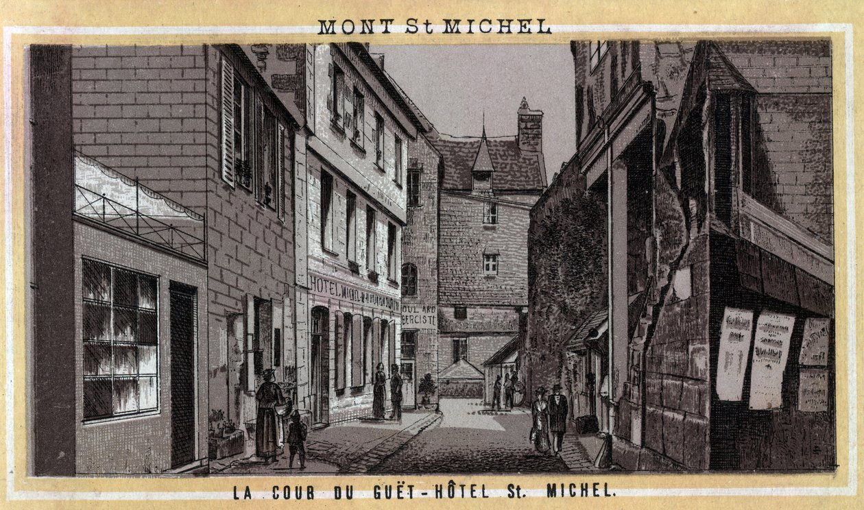 View of the courtyard of the Guet Hotel on Mont Saint Michel, Manche, Normandy. Chromolithography of the late 19th century. by Unknown artist