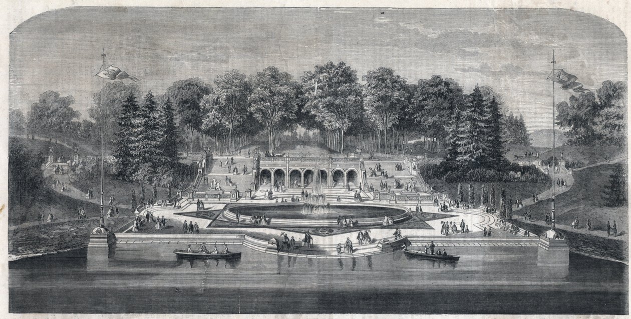 View of the garden Central Park in New York, United States. Architecture by Frederick Law Olmsted (1822-1903) and (1824-1895) in the Manhattan district. Engraving in The Illustrious Universe by Unknown artist