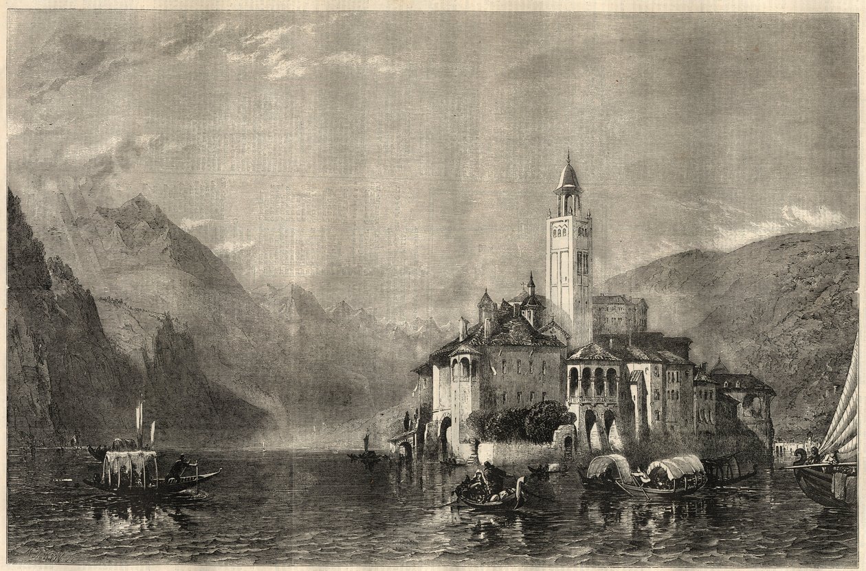 View of the monastery Mater Ecclesiae on the island of San Giulio on Lake Orta in Italy. Engraving after a painting by William Collingwood Smith (1815-1887). In 