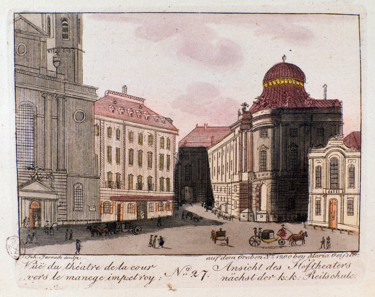 View of the theatre and courtyard towards the imperial manege in Vienna, Austria. Engraving from 1815 by Unknown artist