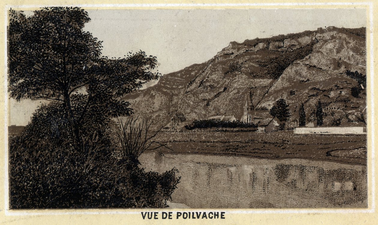 View of the village of Poilvache, Meuse Valley, Belgium. Chromolithography of the late 19th century by Unknown artist