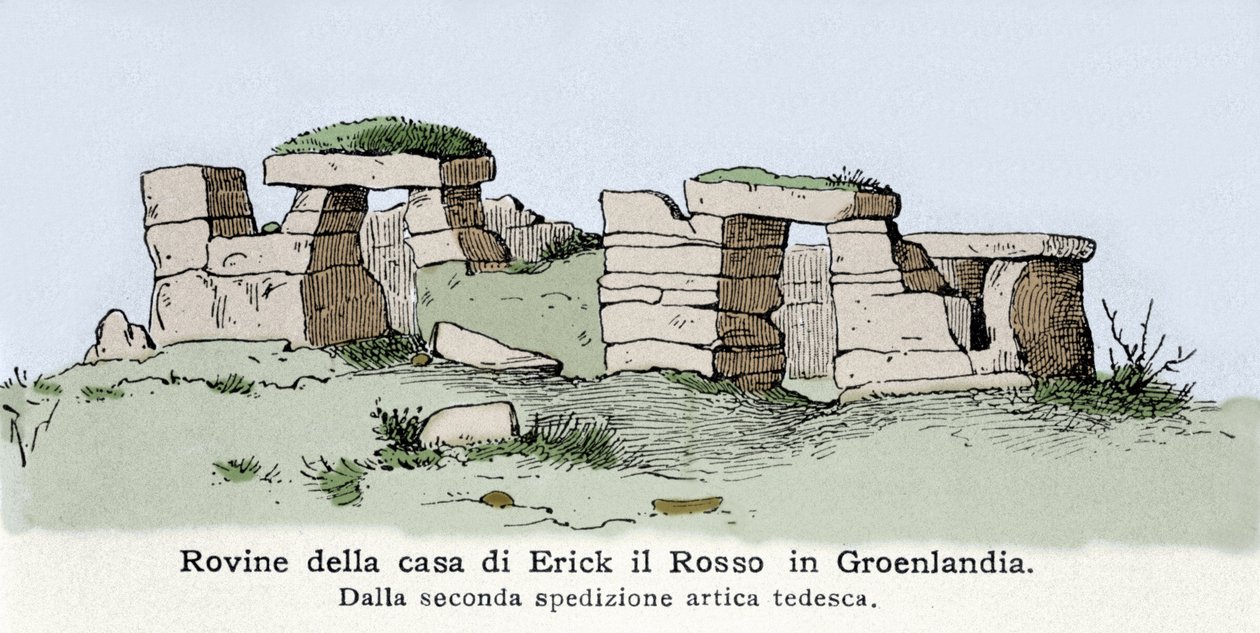 Viking: View of the Ruins of the House of the Norwegian Eric the Red (Erik the Red) (940 or 950-1003 or 1010) in Greenland. Illustration of the 19th Century by Unknown artist