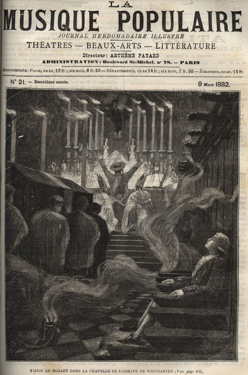 Vision of Wolfgang Amadeus Mozart (1756-1791) in the Chapel (Large Organ) of Weingarten Abbey in Germany - Engraving in 