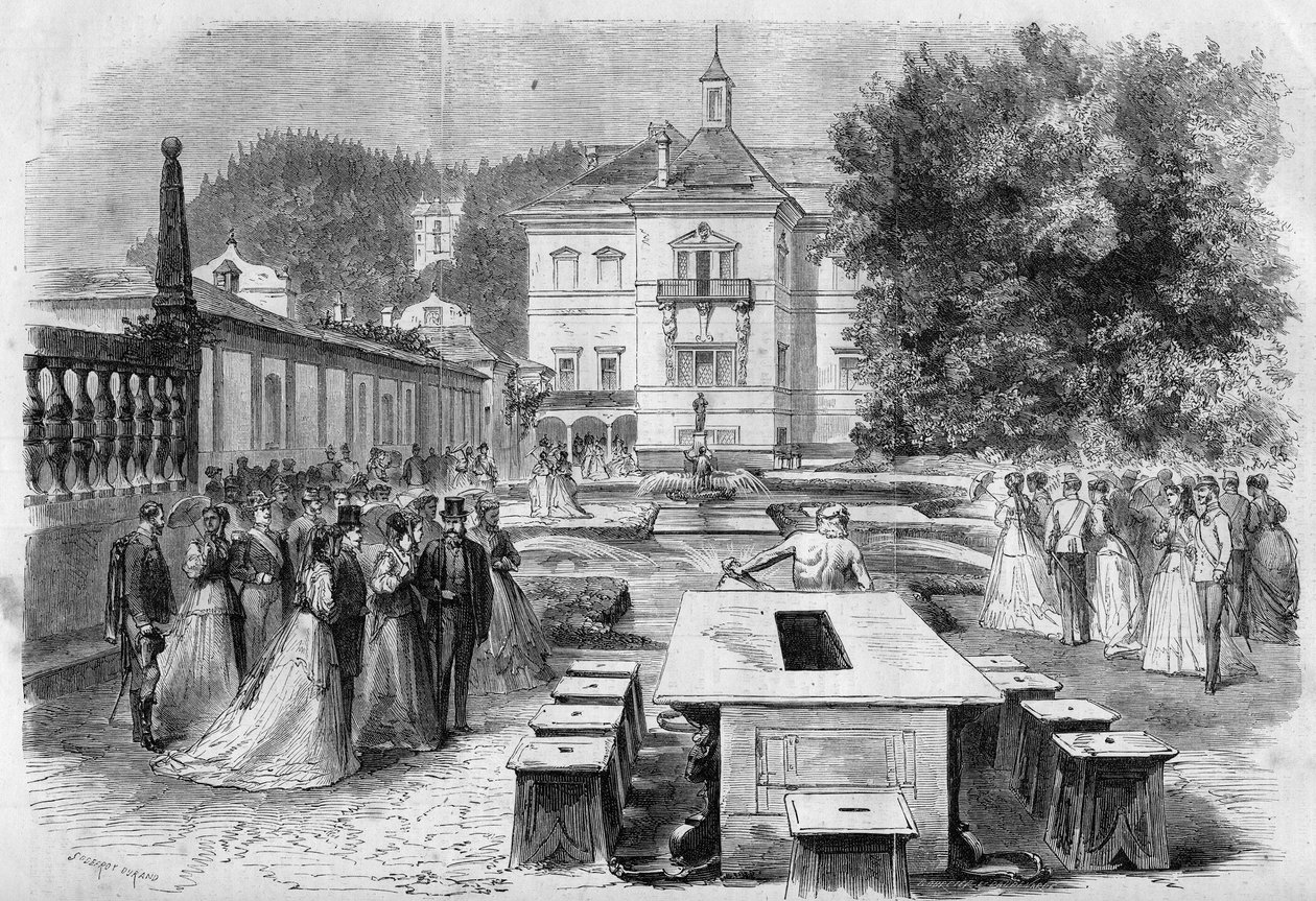 Visit of Emperor Francois-Joseph and Impress Elisabeth of Austria (Sissi) with Eugenie, Impress of the French and Napoleon III to the imperial residence of Hellbrunn in Austria on August 21 by Unknown artist