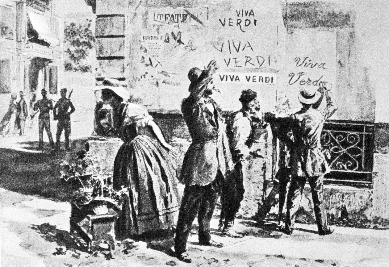Viva Verdi: Enthusiastic inscriptions for Giuseppe Verdi in Naples (kingdom of the two Sicilies) under the Austrian occupation in 1859, following the ban on his opera 