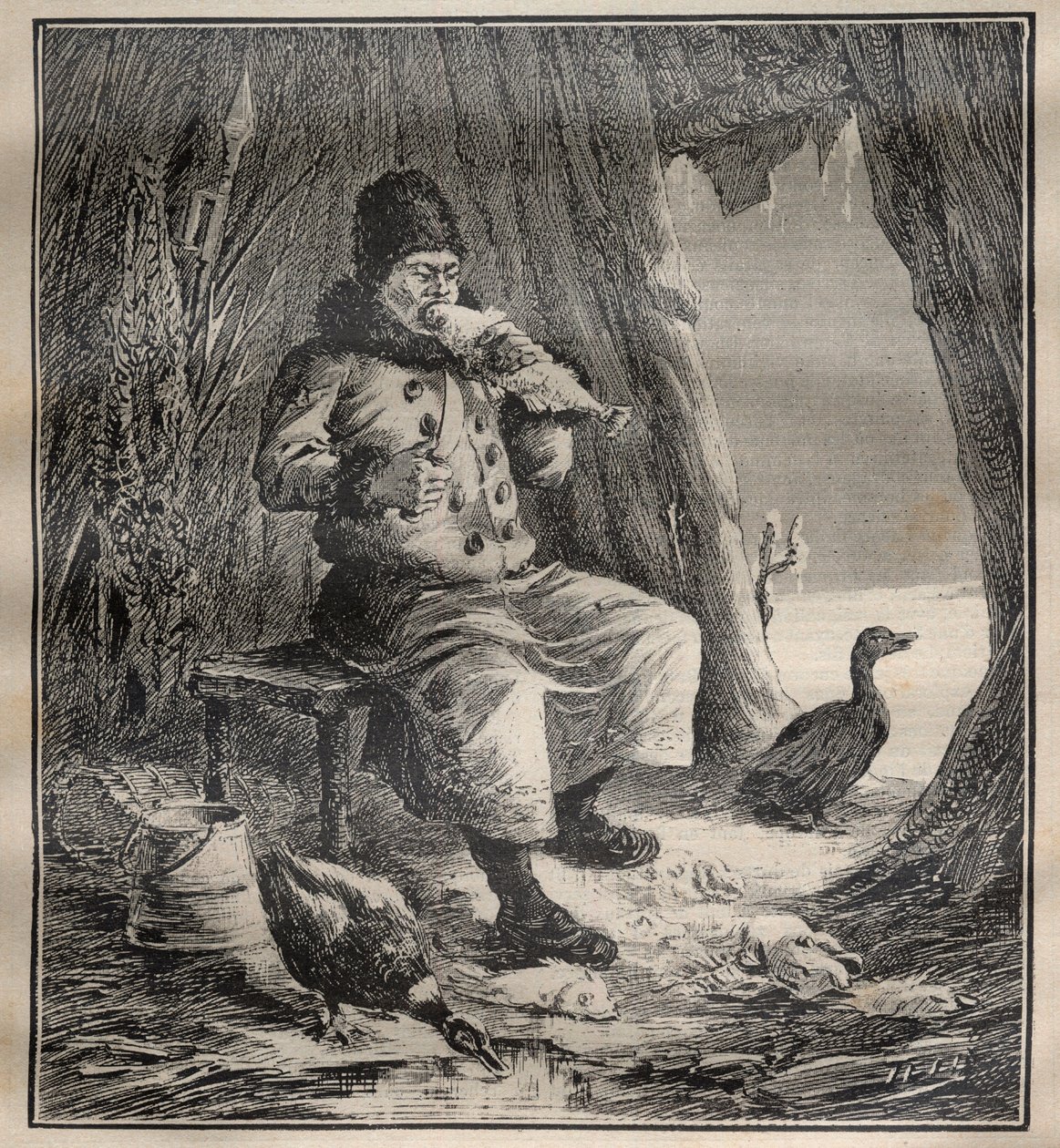Voyages de Charles Rabot (1856-1944): Ostiak (Khanty or Khante) de Siberie mangant du poisson - Engraving in 