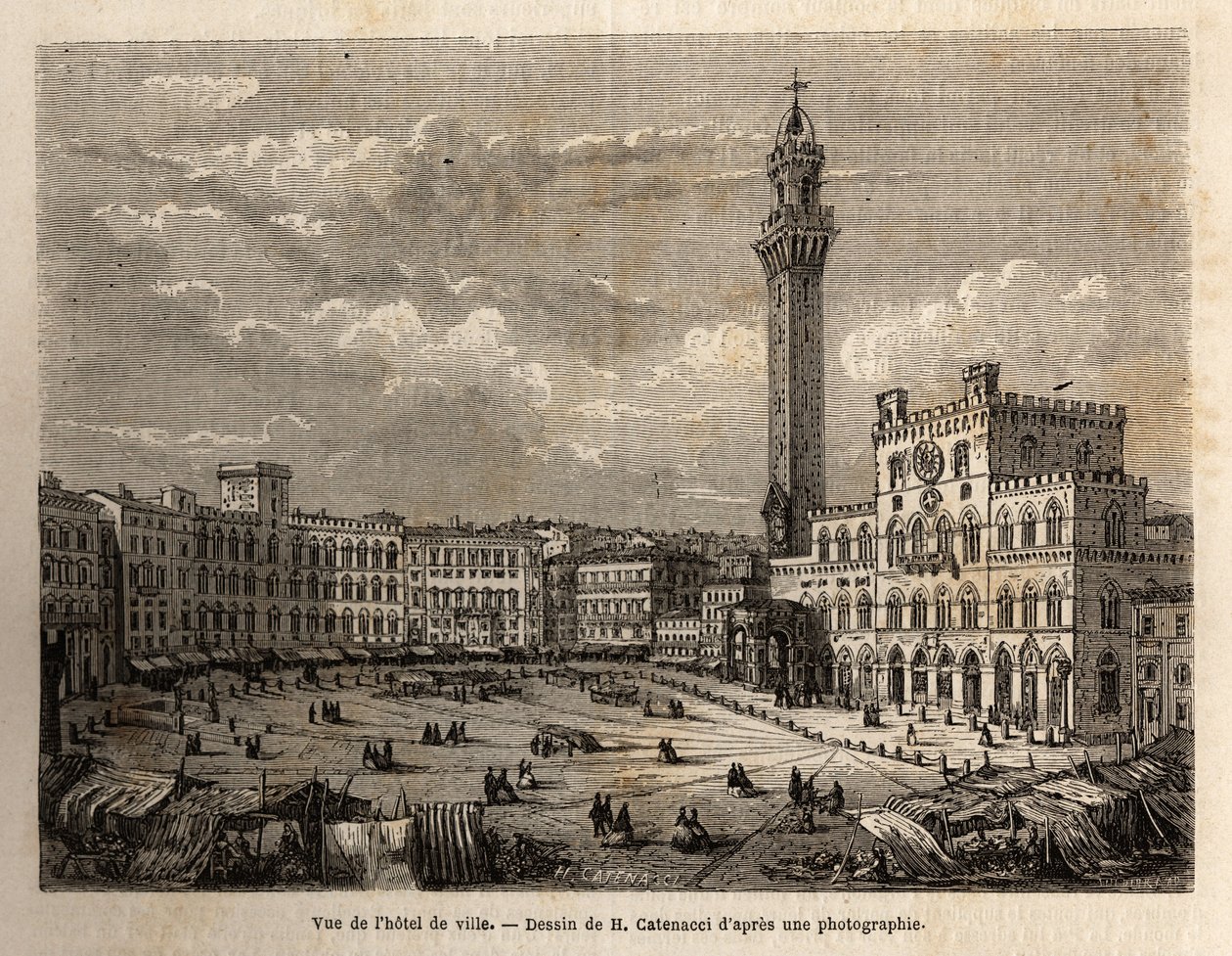 View of the town hall square of Siena, engraving to illustrate a voyage to Siena (Italy) in 1865, in 