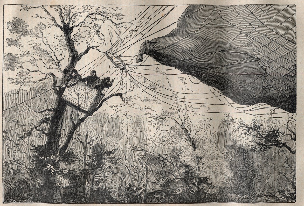 War of 1870: the descent of the balloon Armand Barbes with Leon Gambetta on board 7 October 1870 - Engraving In La Science francaise by Unknown artist