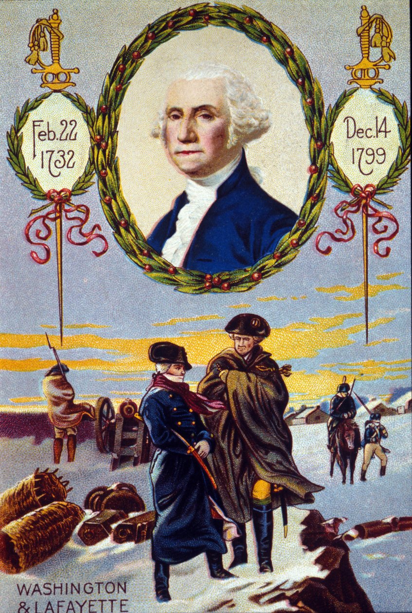 War of Independence of the United States: the Marquis de Lafayette (1757-1834) Met George Washington (1732-1799) at Valley Forge to Help him in 1777. Chromolithograph of the 19th Century by Unknown artist