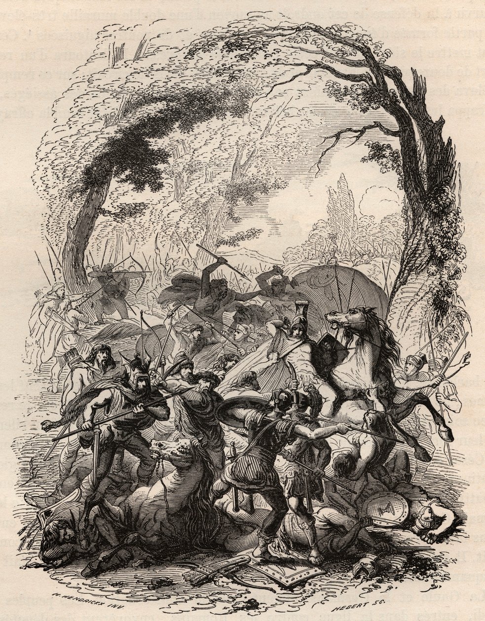 War of the Gauls: Battle of Aduatuca between the Belgian people of the Eburons and the Roman army. Defeated Quintus Titurius Sabinus and Lucius Aurunculeius Cotta in 54 BC. Engraving from 1868 in 