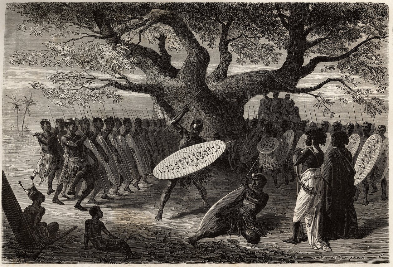 Warrior exercises of the Landines or caffres-zulus, a Sena. Engraving to illustrate Dr. Livingstone