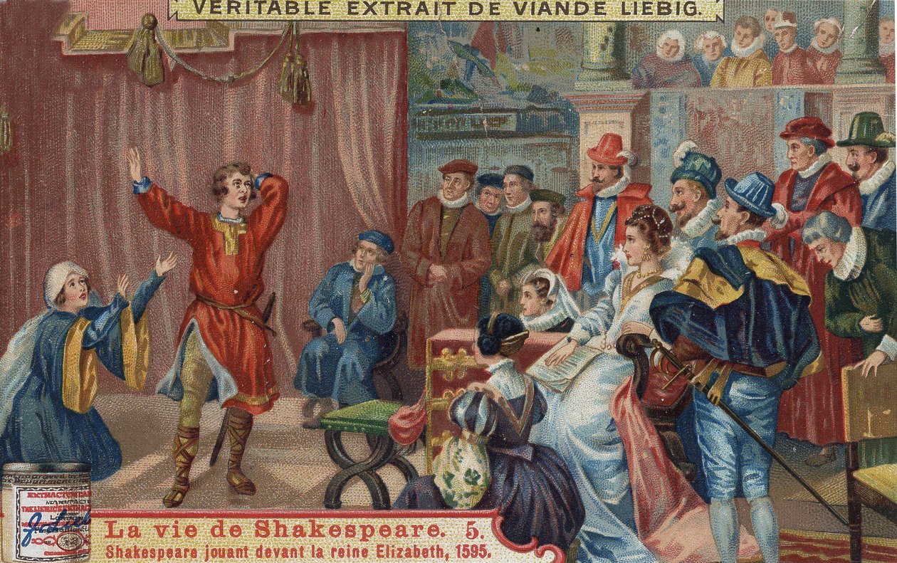 William Shakespeare performs before Queen Elizabeth I and her court. by Unknown artist