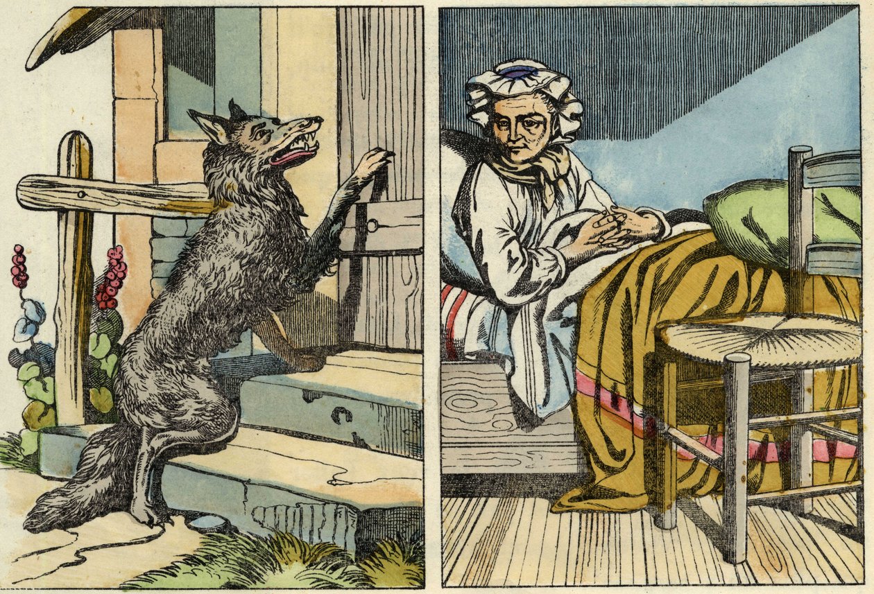 Wolf knocks at Grandma's door. Illustration of the tale 'The