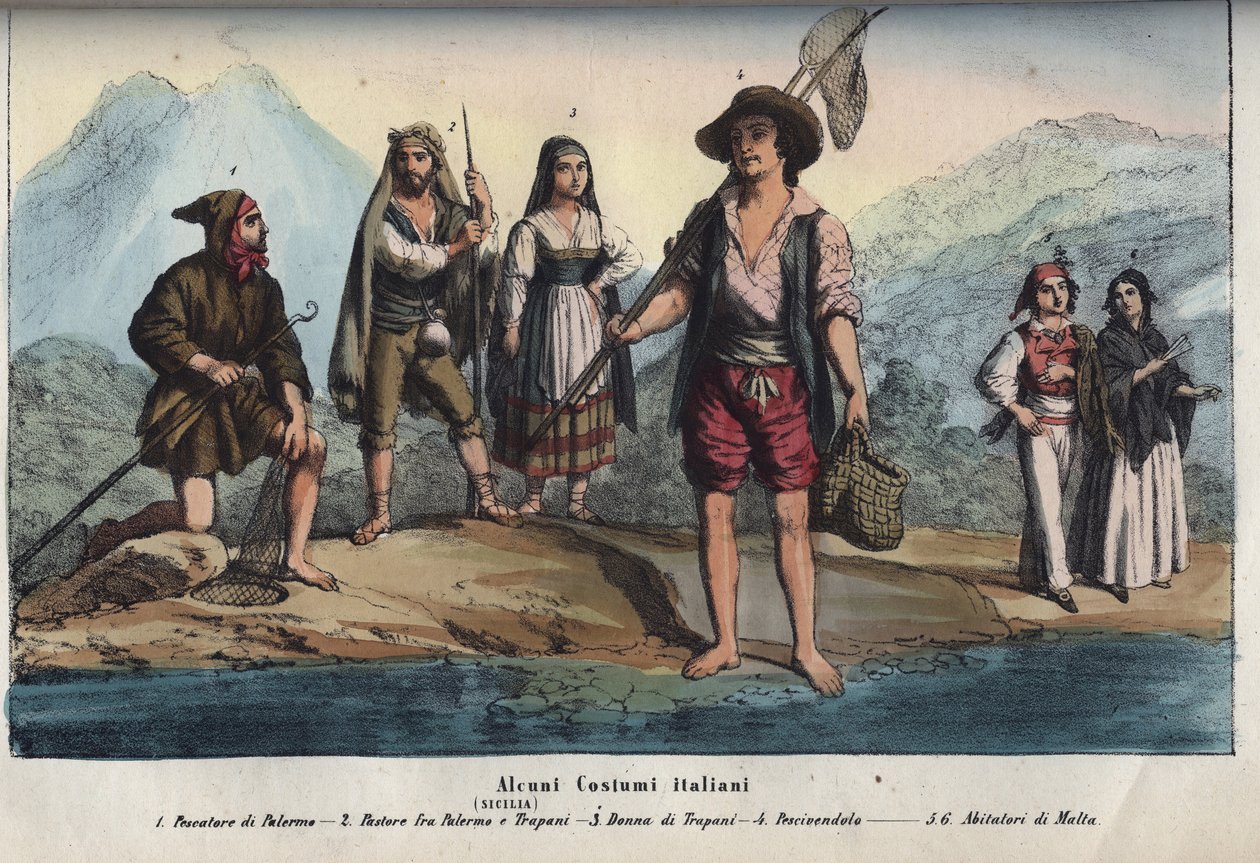 Women and men wearing traditional Sicilian costumes by Unknown artist