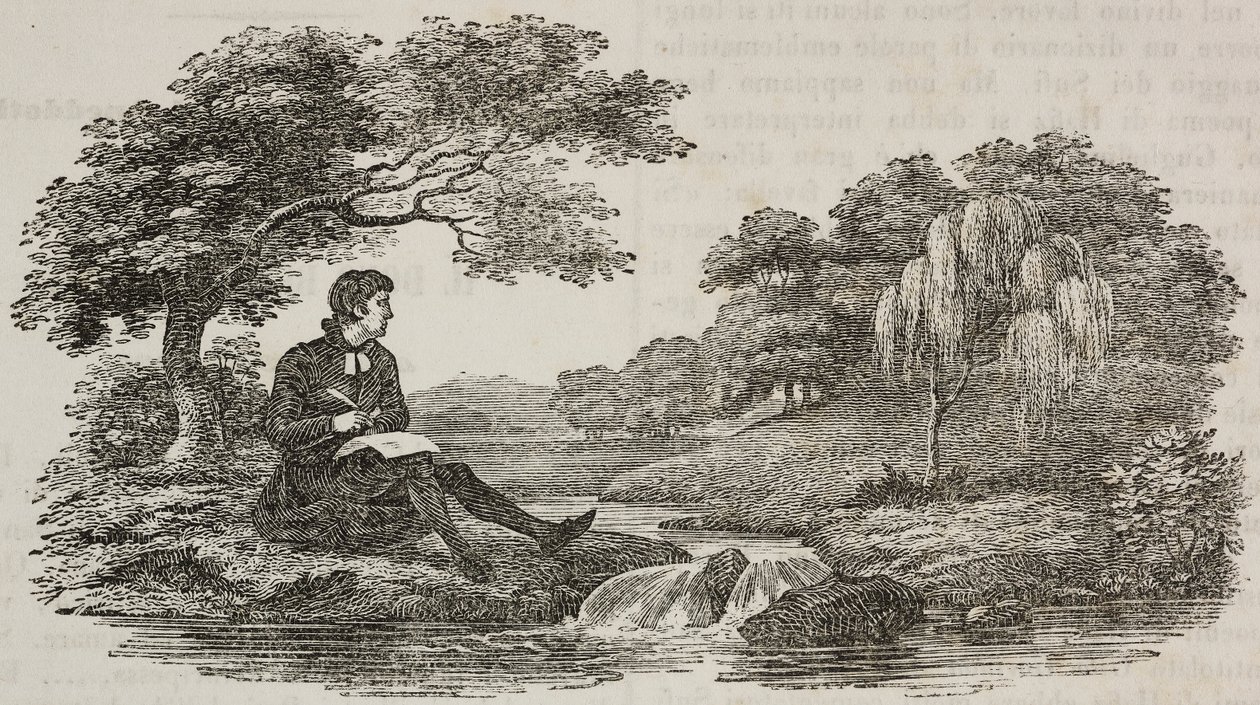 Writer under tree in front of stream, illustration from Teatro universale, Raccolta enciclopedica e scenografica by Unknown artist