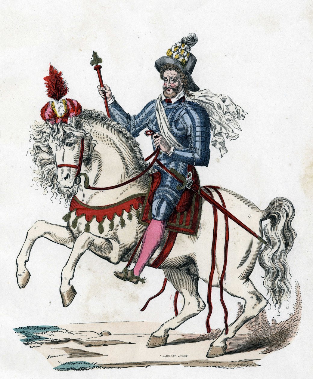 Equestrian portrait of King Henri IV of France in 1596 (1553-1610) from “The Civil and Military Costumes of the French through the Centuries”. Paris F. Roy 1882. by Unknown artist