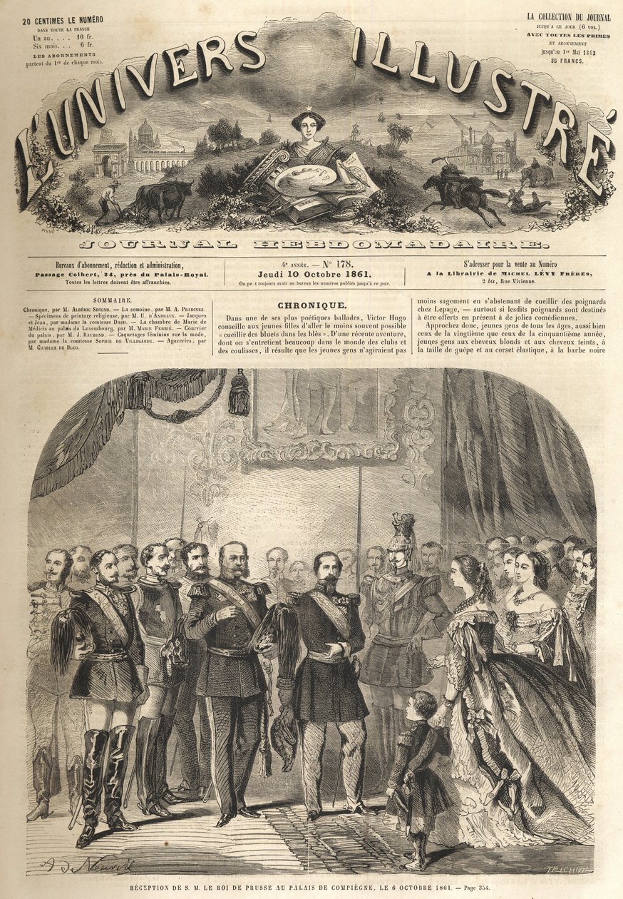 The visit of William, the king of Prussia, to Napoleon III, the emperor of the French, at Compiegne, France 1861 - Visit of William I of Prussia to Compiegne in presence of Napoleon III - Engraving from 