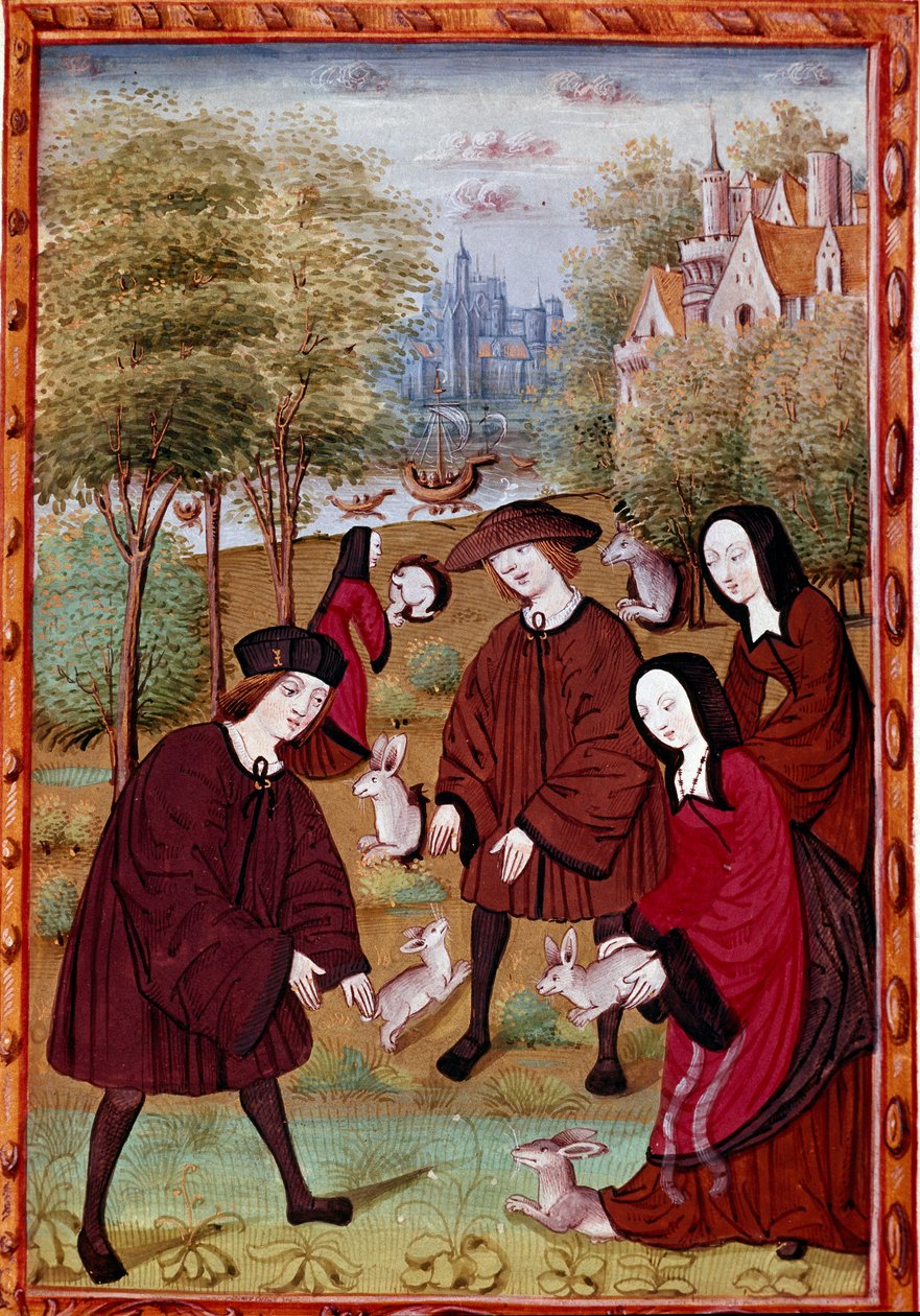 Young People Playing with Rabbits by Unknown artist