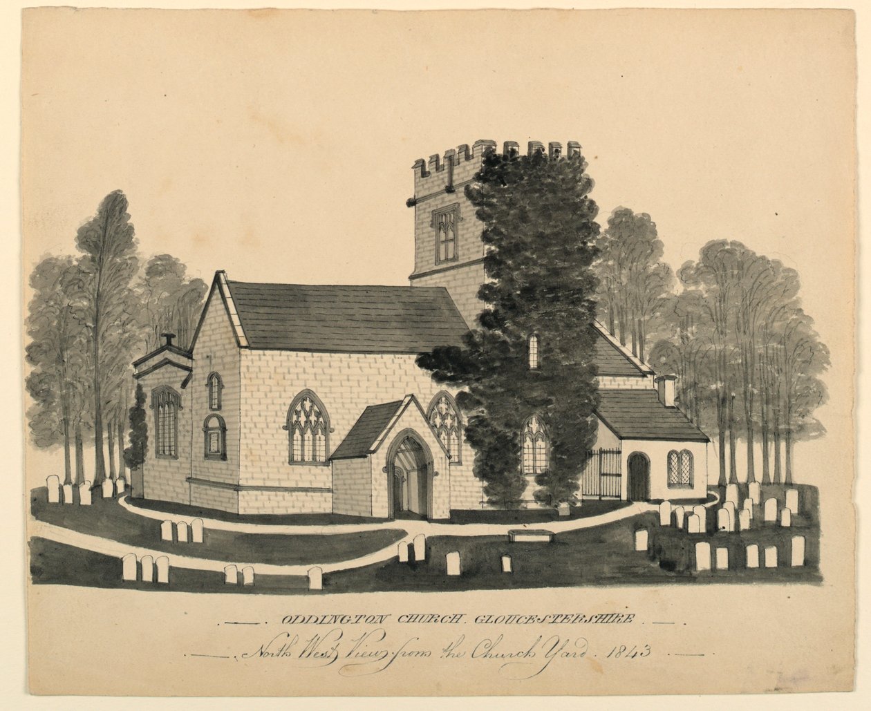 Oddington Church Yard, Gloucestershire, North West View by Unknown, English