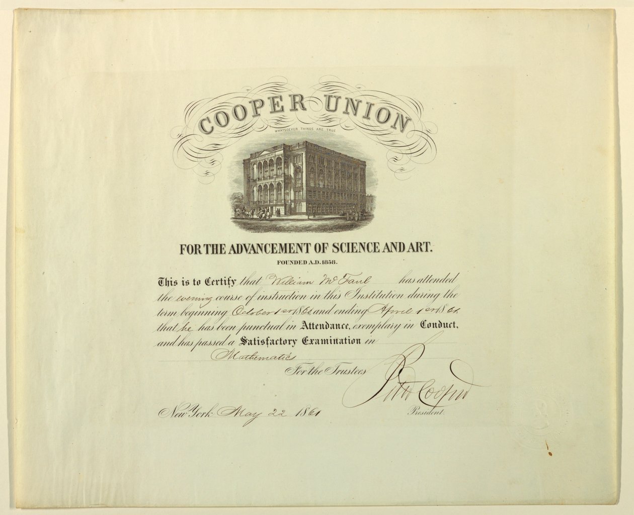 Certificate, May 22, 1861 by Unknown artistUnknown artist
