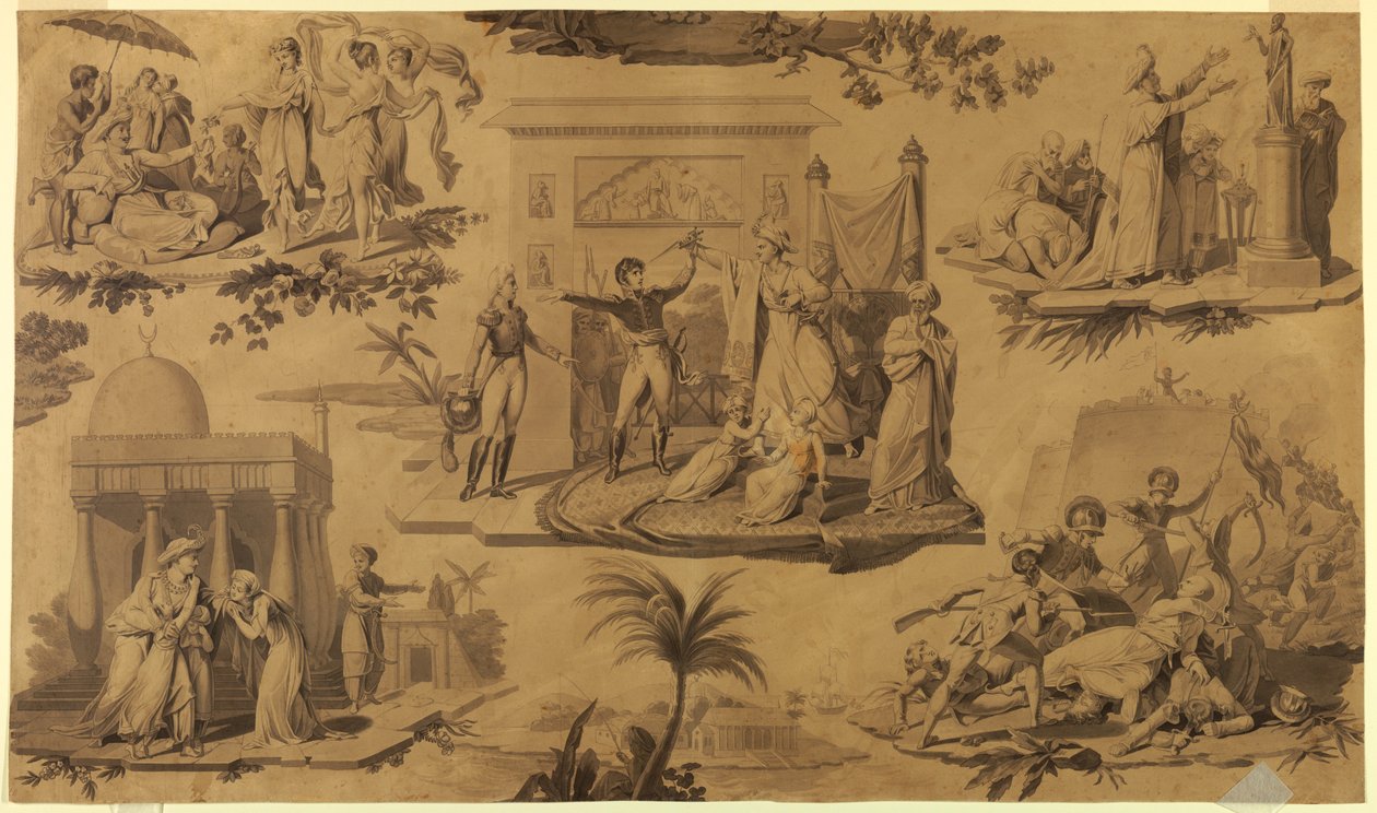 Drawing, Cartoon for Printed Cotton Textile: The French in Egypt, ca. 1815 by Unknown artistUnknown artist