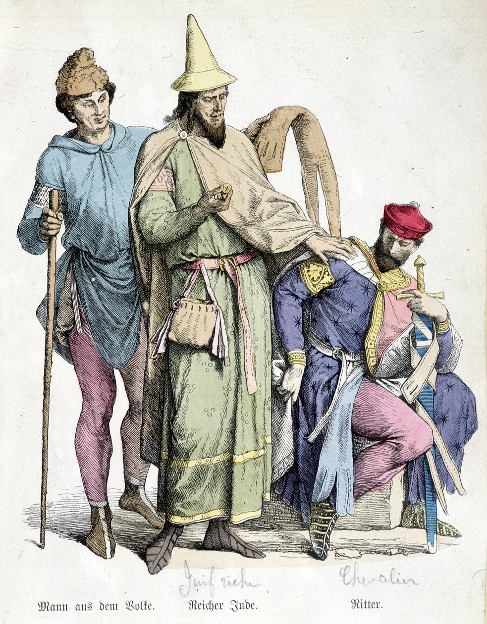 11th century costumes: The man with the stick, the rich Jew and the knight - engraving of the 19th century by Unknown artist