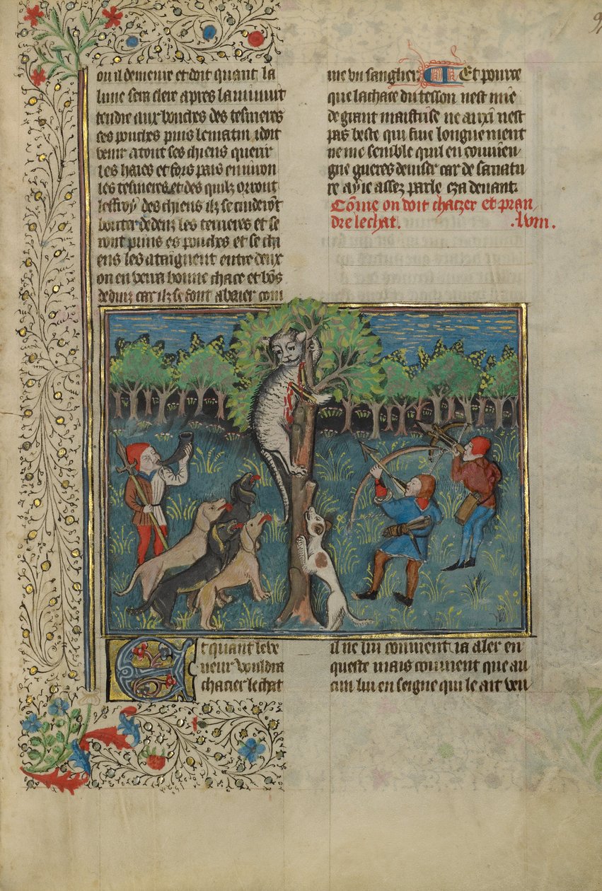A Hunter and Dogs Attacking a Treed Wild Cat by Unknown artist