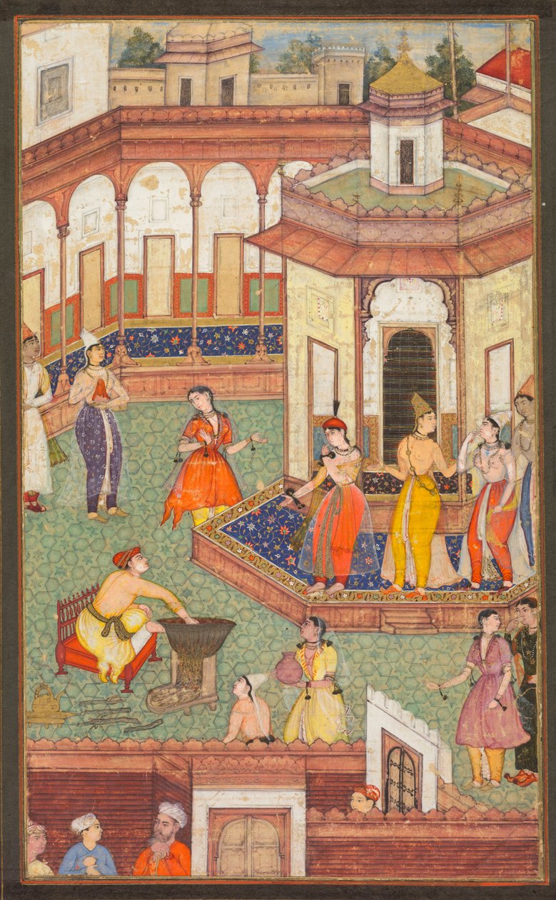 A Man Dips His Hand into a Cauldron as Ladies of the Harem Stand in Amazement: A Page from a Manuscript of Religious History by Unknown artist