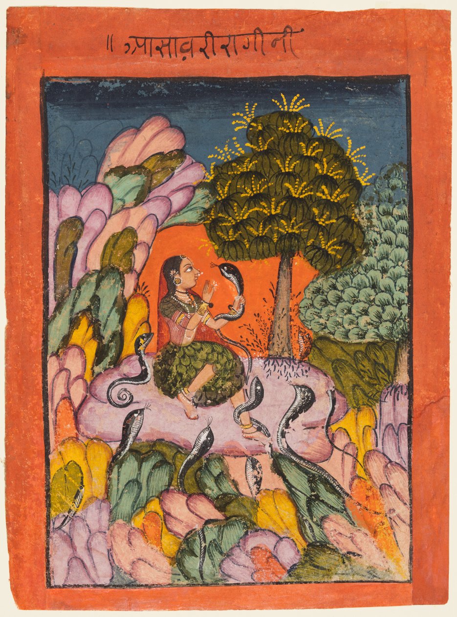 A Woman Charms Snakes in the Wilderness: Asavari Ragini, from a Ragamala by Unknown artist