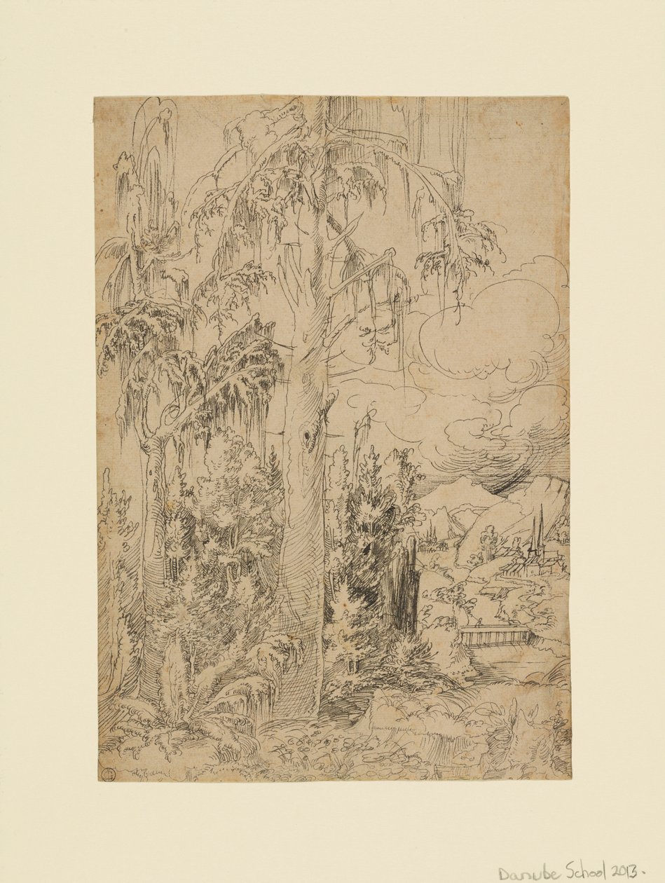 A Wooded Landscape with a Town beyond a Bridge and Distant Mountains by Unknown artist
