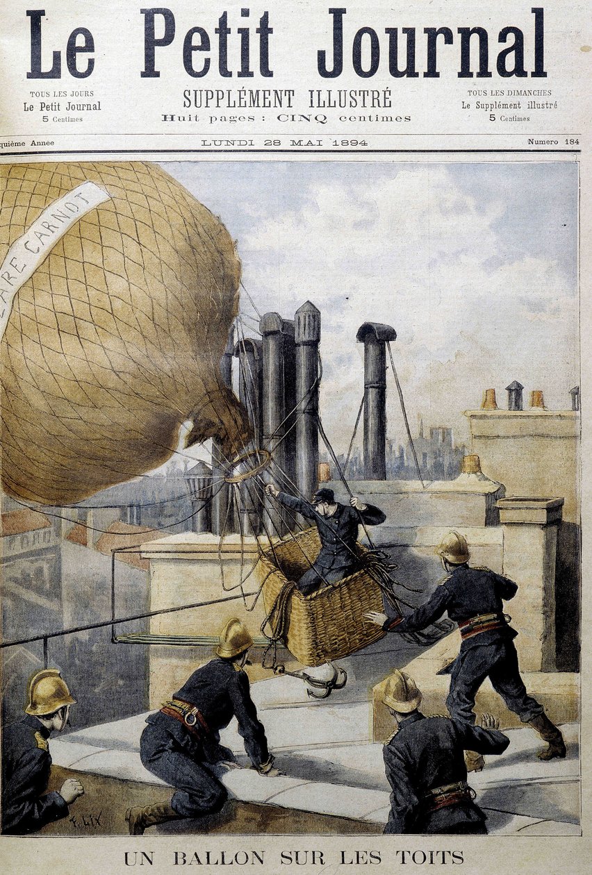 A balloon on the roofs: rescue by the Firefighters - in Le Petite Journal by Unknown artist