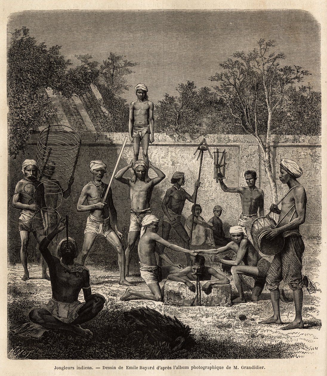 A band of Indian jugglers. Engraving to illustrate the voyage in the meridional provinces of India, by Alfred Grandidier, in 1862-1864, published in le tour du monde, under the direction of Edouard Charton, Hachette, Paris 1869. Selva Collection by Unknown artist