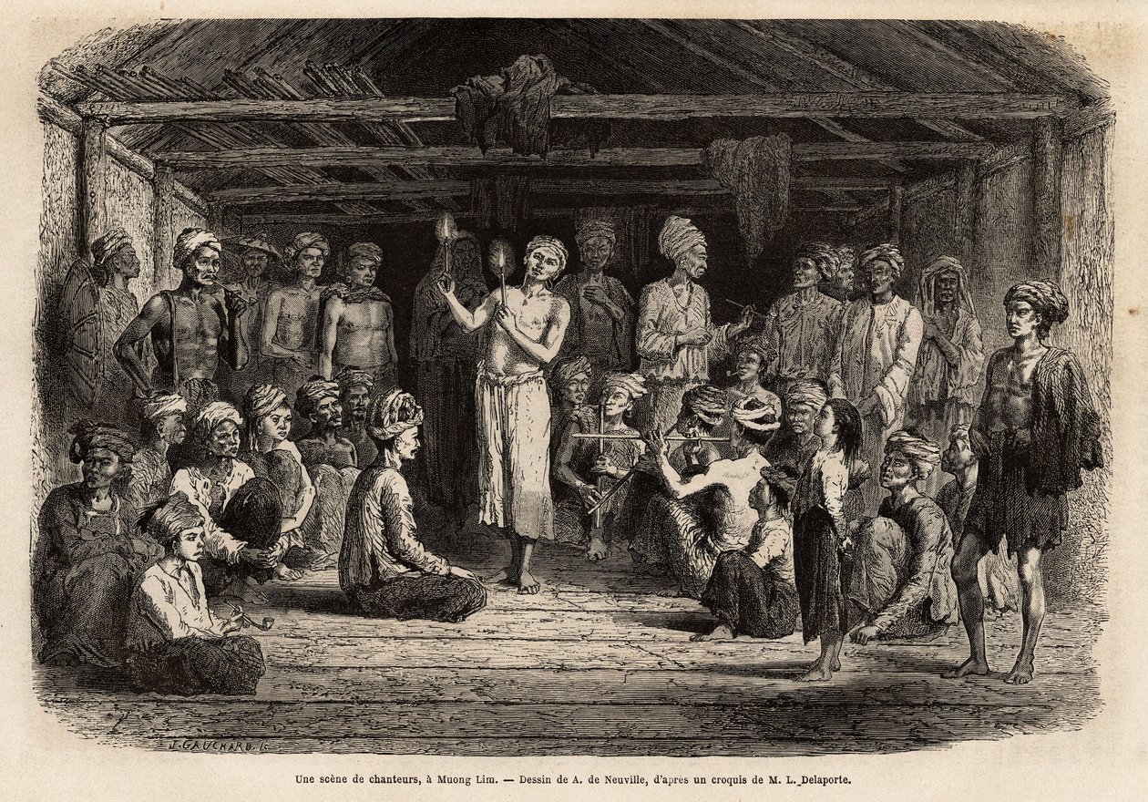 A concert of singers, a Muong Lim (Laos), vivid music and rhythm sung by a soloist and repeated in chorus during each chorus, all wear the traditional hairstyle of the Mou Tsu, who wear long hair, braids under their turban. Engraving to illustrate a voyage by Unknown artist