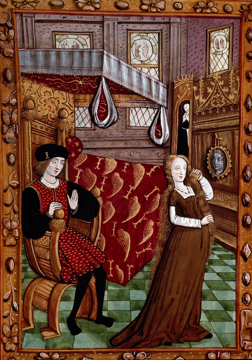 A couple in a bedroom, the woman dresses by Unknown artist