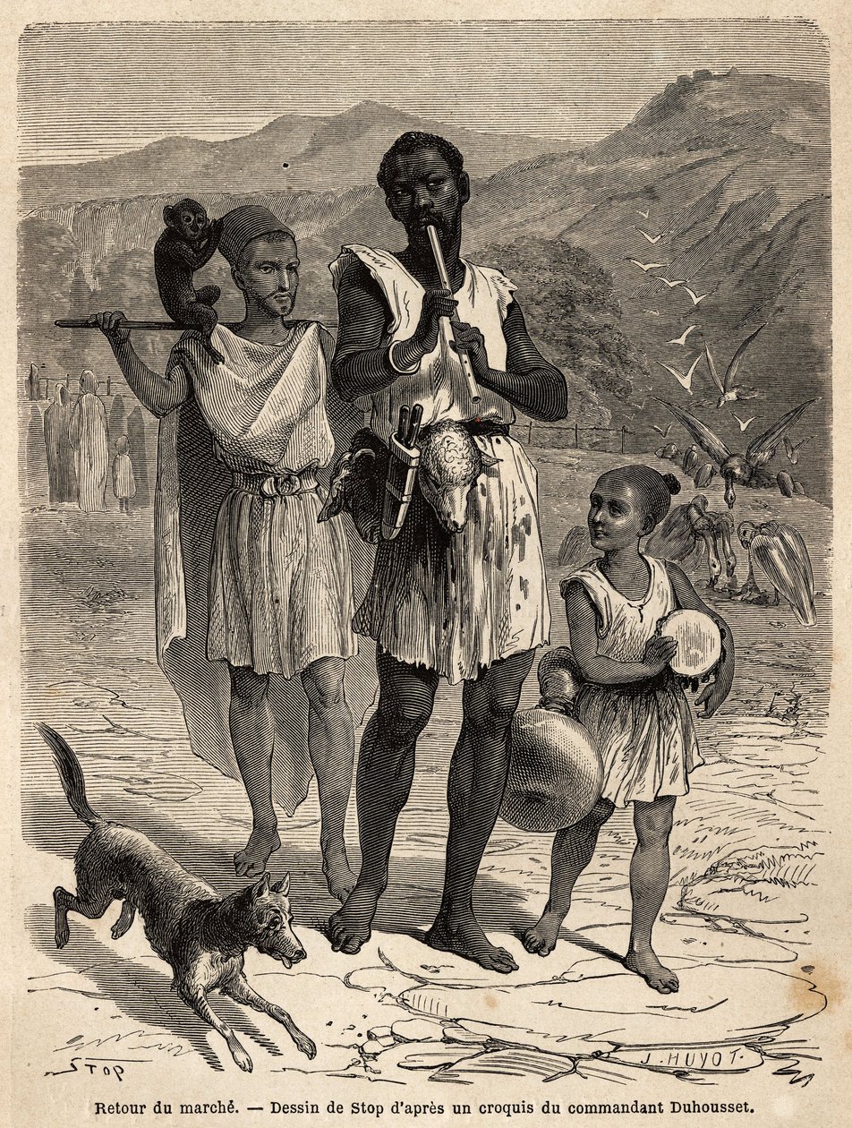 A flute player, accompanied by a small drummer and a monkey show; the two sheep heads hanging from the belt of the band leader will be their dinner. Engraving to illustrate the excursion to the great Kabylie, between the Mediterranean and the Djurjura, in  by Unknown artist