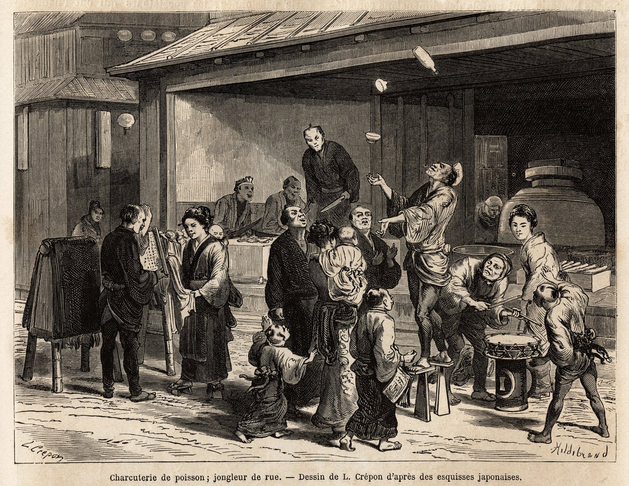 A lively scene of a street in Edo (Tokyo), with a traveling juggler in front of a fish deli, and a cheap cloth salesman. Engraving to illustrate the journey to Japan, by Aime Humbert, minister of the Swiss Confederation, in 1863-1864, published in Le tour  by Unknown artist