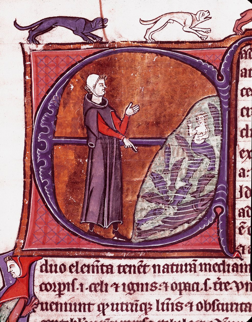 A monk in front of a pond, a siren is represented among the fish. Miniature from the manuscript 