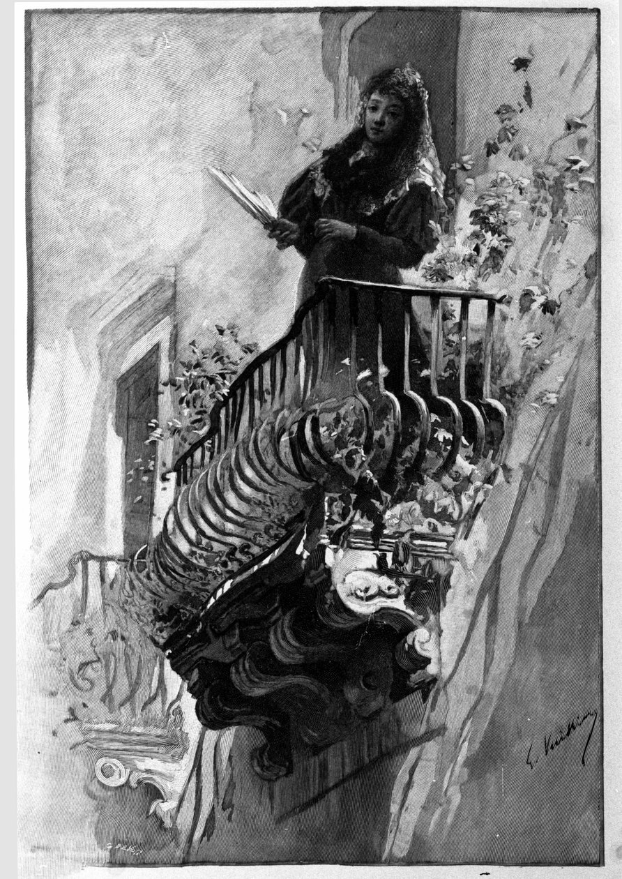 A pretty woman has her flowered balcony one summer evening in Syracuse. Sicily Engraving from the 19th century by Unknown artist