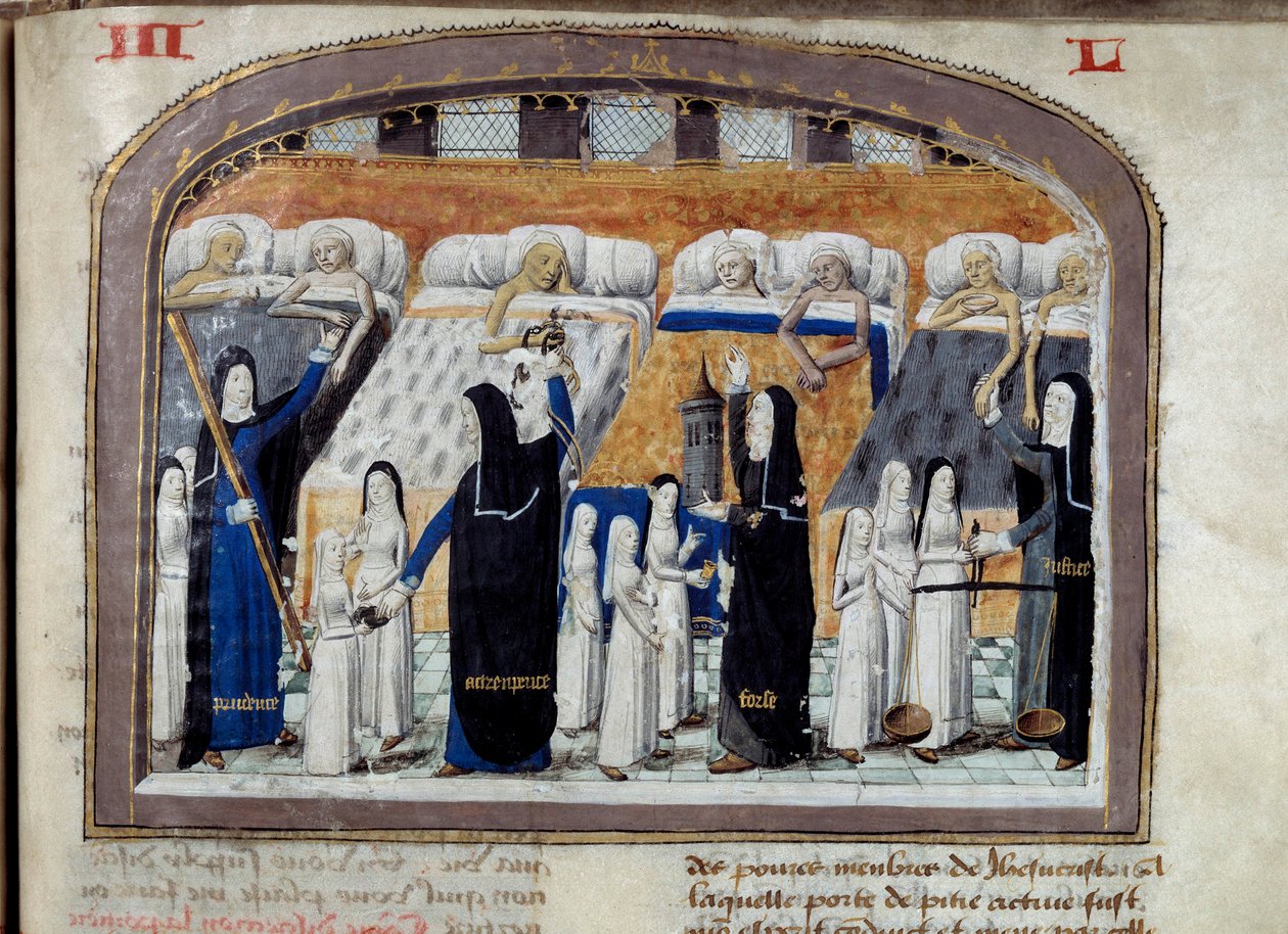 A room of the Hôtel-Dieu in Paris filled with sick persons assisted by the nuns. Miniature from a manuscript from 1482 by Unknown artist