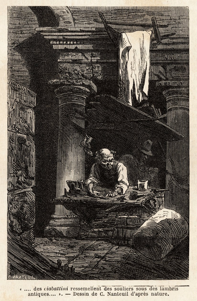 A shoemaker, who set up his shop and works in ancient ruins. Engraving ...
